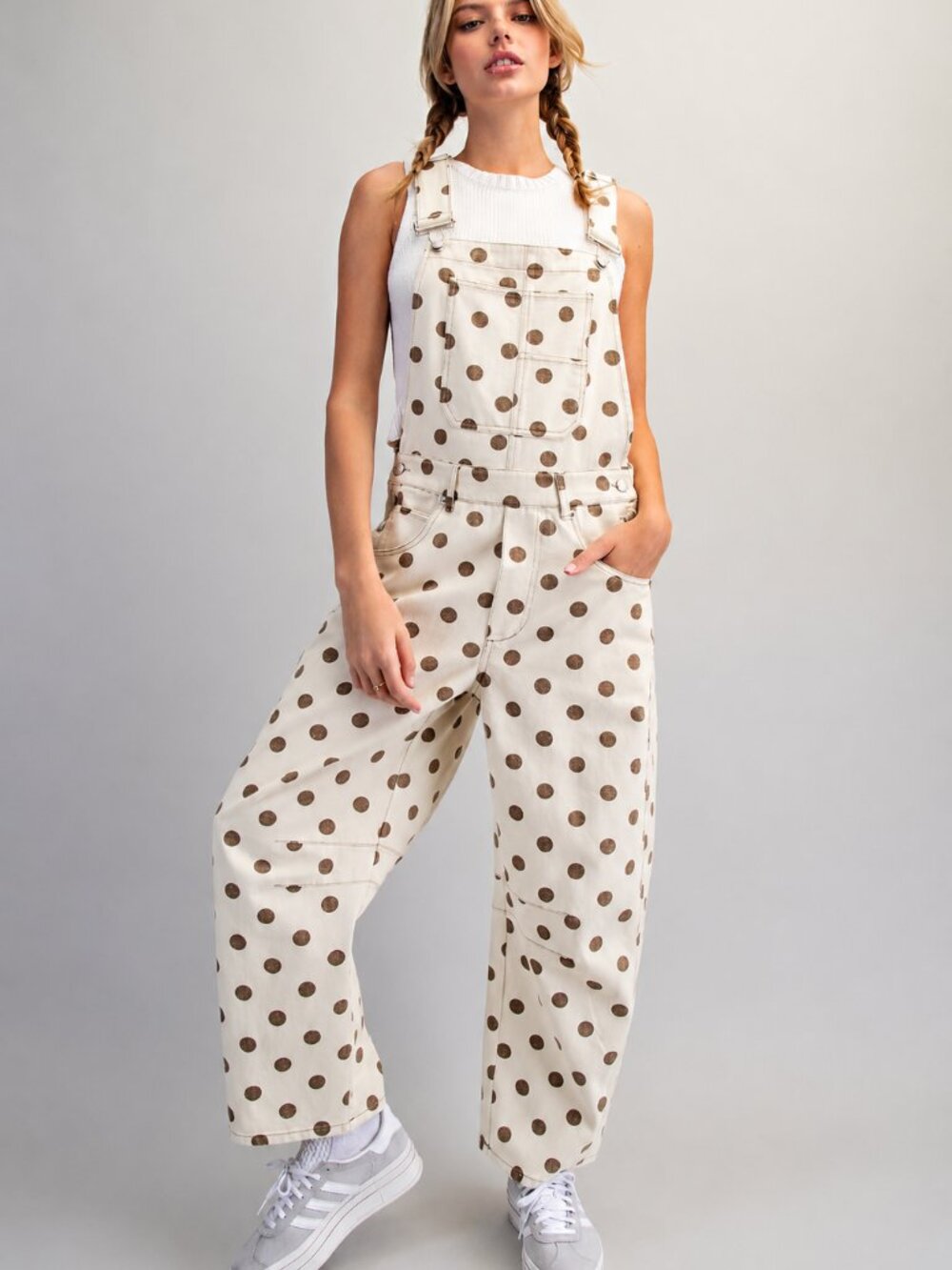 Polka Dot Barrel Leg Mineral Washed Denim Overalls - eesome